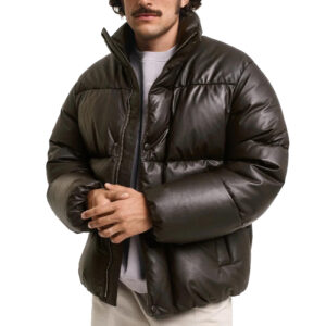 Goosedown Sheepskin Leather Puffer Jacket | Black Quilted Stand Collar Winter Parka