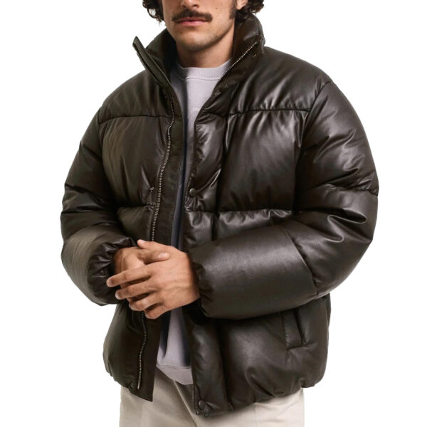 Goosedown Sheepskin Leather Puffer Jacket | Black Quilted Stand Collar Winter Parka