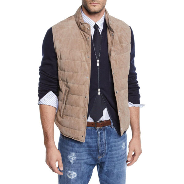 Men's Genuine Goat Suede Leather Quilted Puffer Gilet Vest | Luxury Beige Sleeveless Jacket