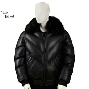 Sheepskin Leather Goose Down Bomber Jacket | Detachable Fox Fur Collar Hood