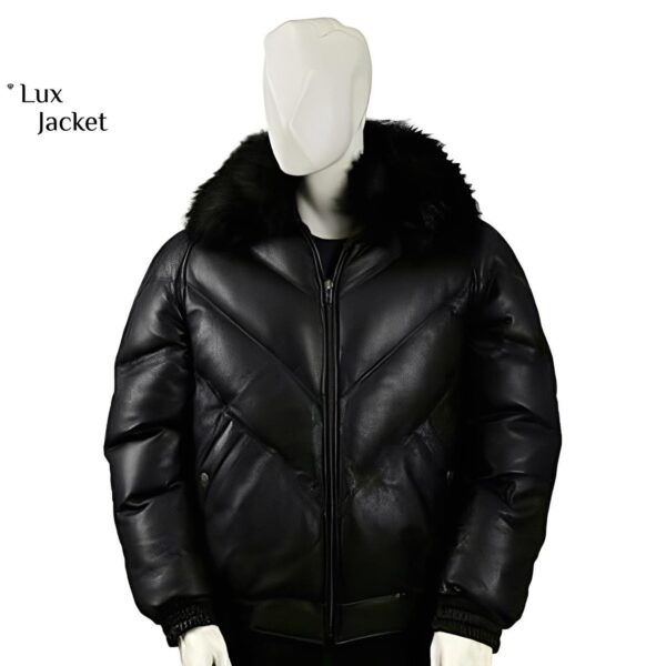 Sheepskin Leather Goose Down Bomber Jacket | Detachable Fox Fur Collar Hood