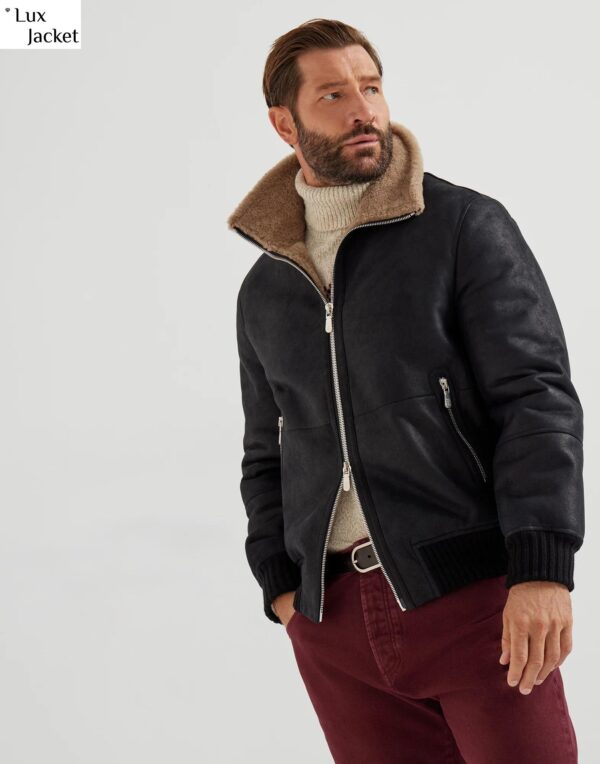 Brunello Cucinelli Nubuck Shearling Bomber Jacket | Rib Knit Collar Men's Coat
