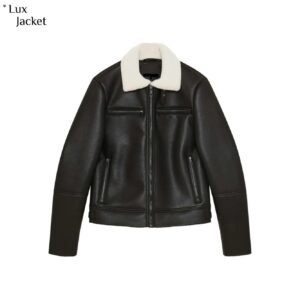 Shearling Collar Sheepskin Leather Bomber Jacket | Black Aviator Winter Coat