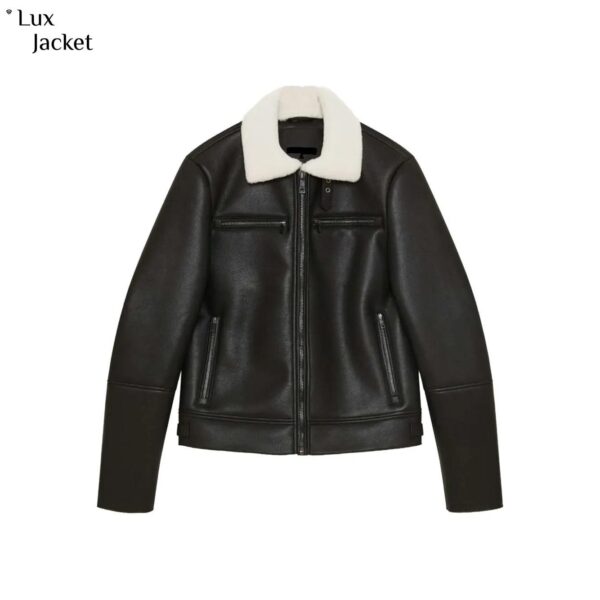 Shearling Collar Sheepskin Leather Bomber Jacket | Black Aviator Winter Coat