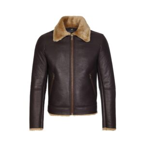 Men's Dark Brown Sheepskin Aviator Jacket | Tan Shearling Collar Winter Bomber