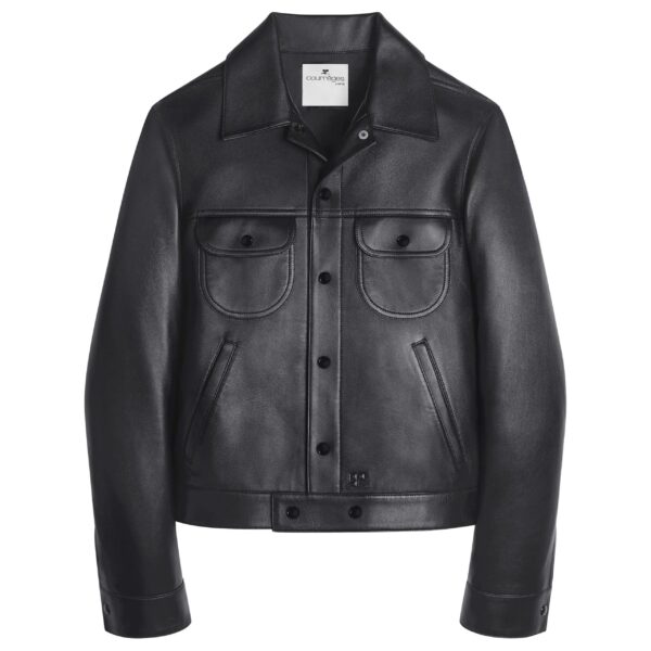 Courrèges Black Sheepskin Leather Shirt Jacket | Handmade Trucker Coat