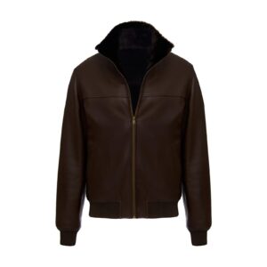 Dark Brown Sheepskin Leather Bomber Jacket | Detachable Fur Collar Winter Coat