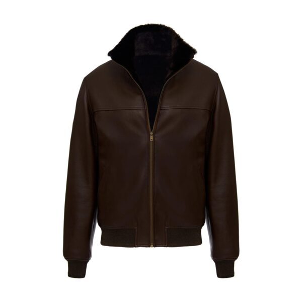 Dark Brown Sheepskin Leather Bomber Jacket | Detachable Fur Collar Winter Coat