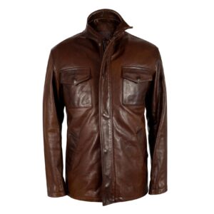Sheepskin Leather Field Jacket | Brown Stand Collar Safari Coat for Men