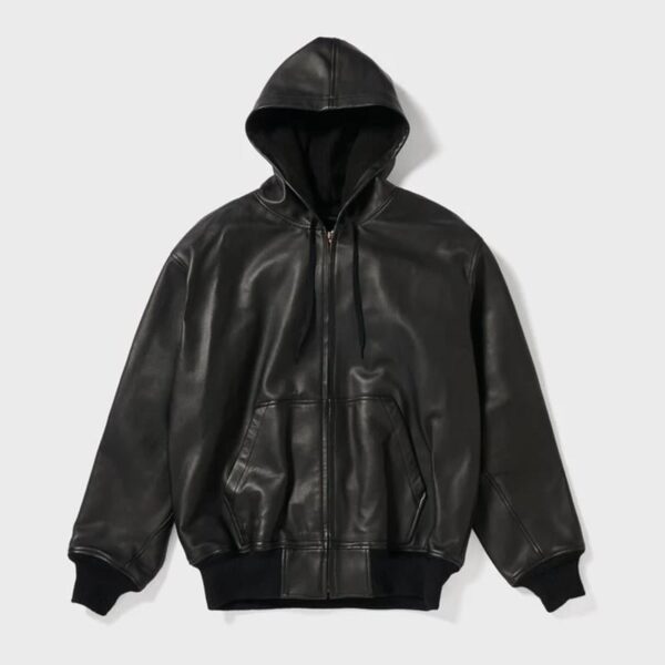 Cowhide Leather Hoodie Jacket | Black Oversized Bomber Luxury Streetwear