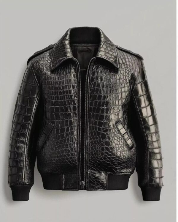 Crocodile Embossed Cowhide Leather Bomber Jacket | Black Textured Flight Coat