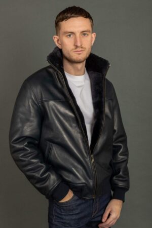 Navy Blue Sheepskin Leather Bomber Jacket | Faux Shearling Lined Men's Flight Coat