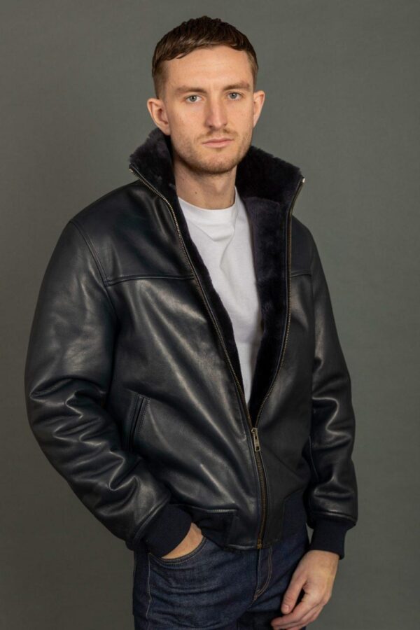Navy Blue Sheepskin Leather Bomber Jacket | Faux Shearling Lined Men's Flight Coat
