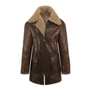 Sheepskin Leather Trench Coat | Brown Faux Shearling Lined Long Aviator Jacket