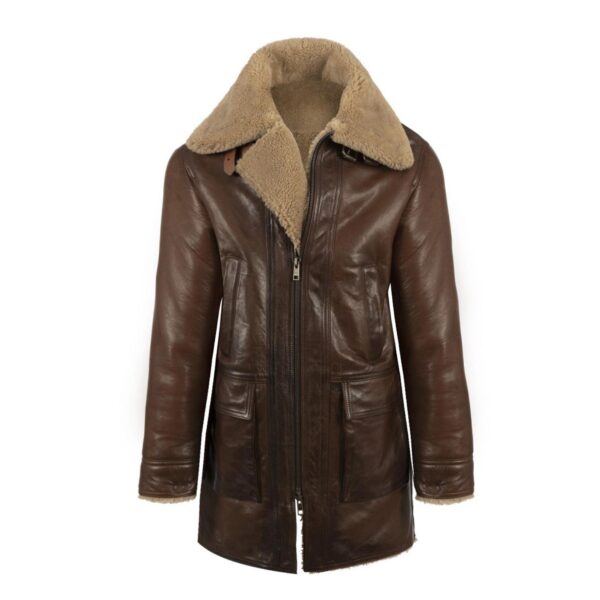 Sheepskin Leather Trench Coat | Brown Faux Shearling Lined Long Aviator Jacket