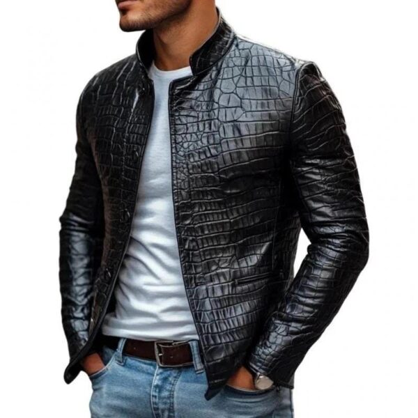 Black Crocodile Pattern Cowhide Leather Jacket | Slim Fit Mandarin Collar Coat