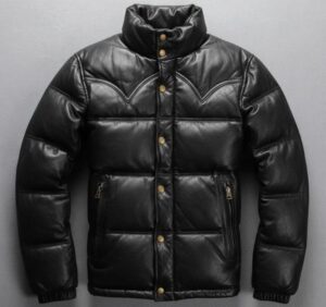 Sheepskin Leather Down Puffer Jacket | Black Quilted Western Yoke Men's Coat